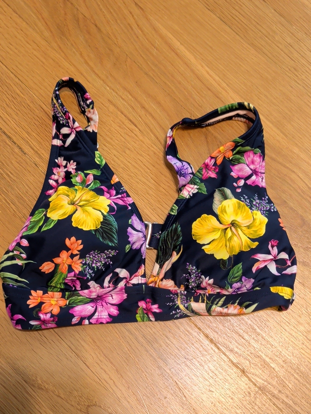 Kona Sol Navy Floral Bikini Top with Yellow & Pink Blooms